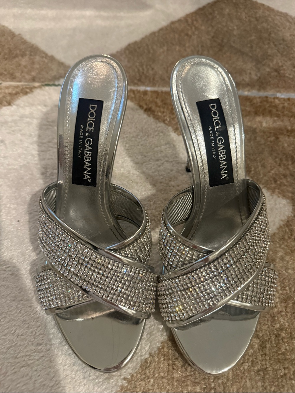 Dolce & Gabbana Silver Crystal Crossover Mule Heels
